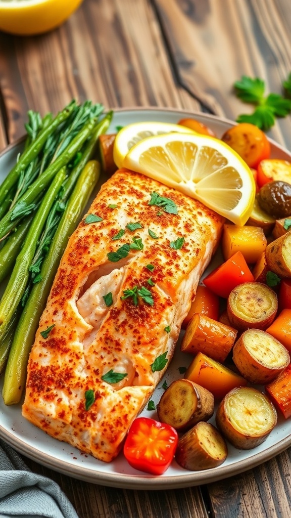 Crispy air fryer salmon fillet garnished with herbs and lemon, served with roasted vegetables on a rustic table.